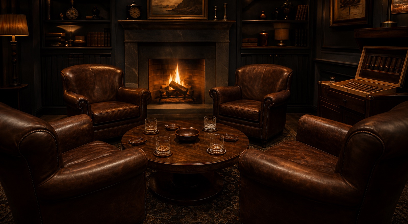 Four leather club chairs gathered around a table before an evening in the lounge
