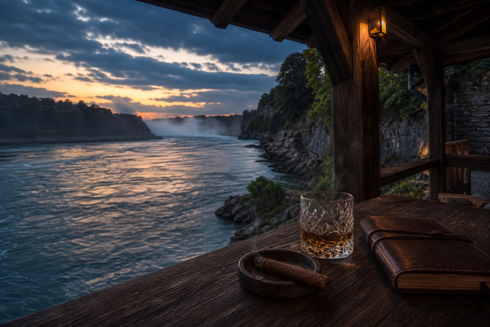 A cigar and a neat pour in a timber pavilion overlooking the Niagara River at twilight