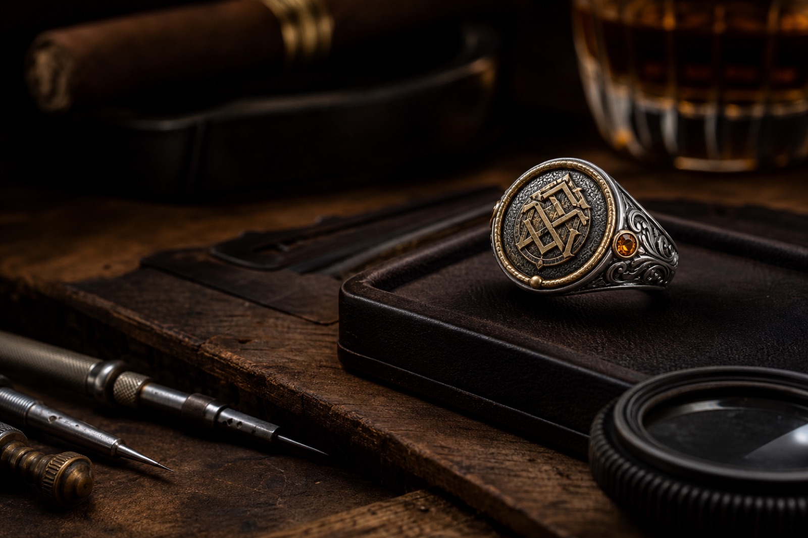 An original heirloom signet ring on a master jeweler's workbench